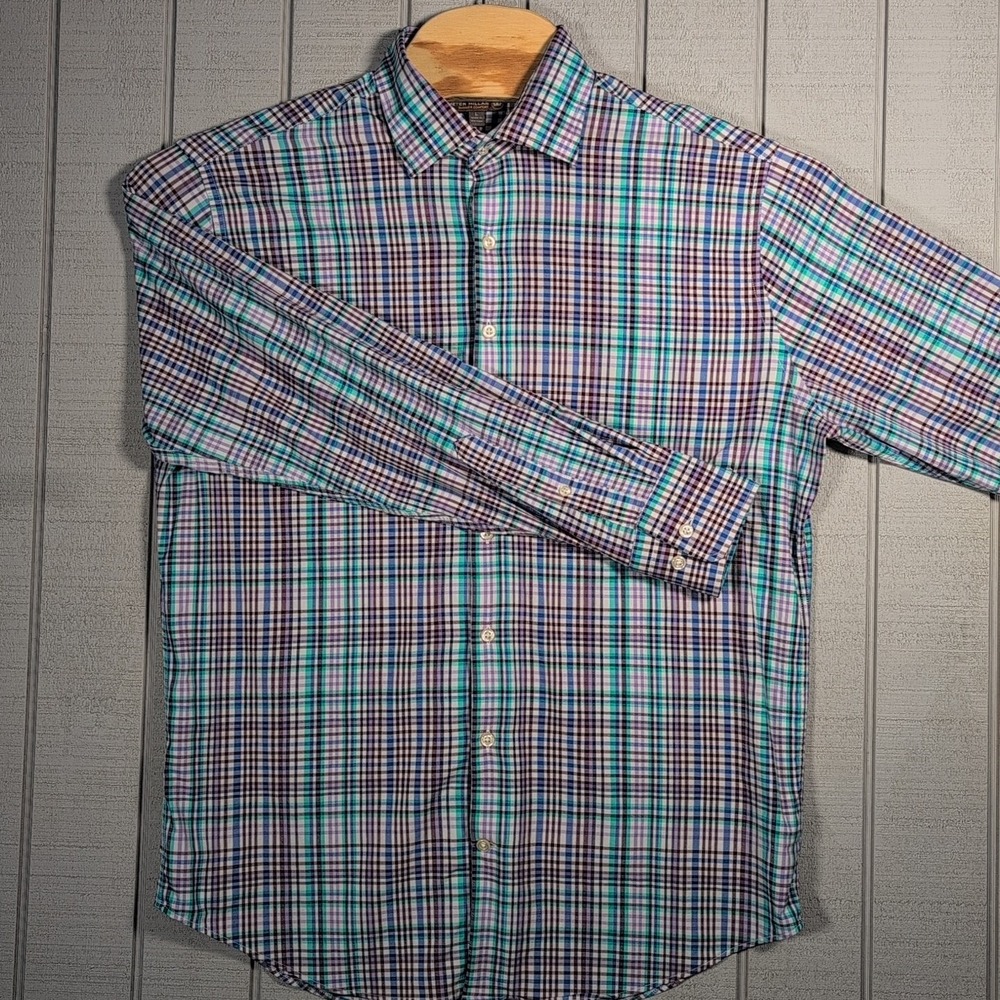 Peter Millar Mens Large Summer Comfort Button Down Plaid LS Shirt - Pelican L - Picture 2 of 12